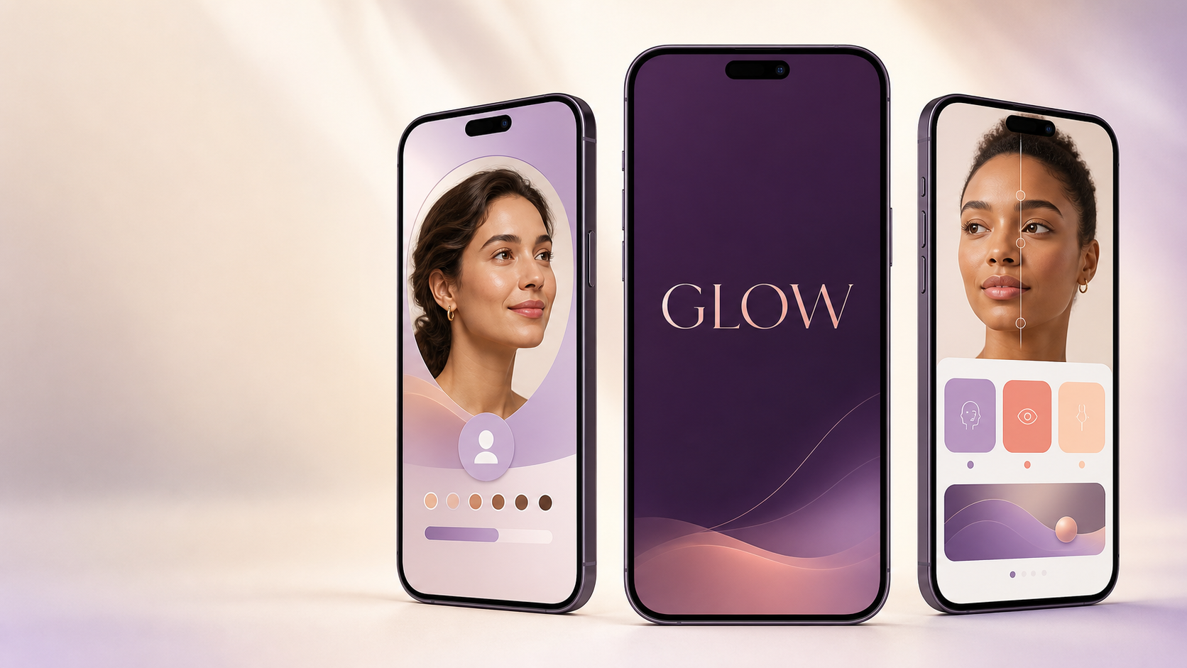 Three GLOW app screens showing profile and aesthetic visualization tools